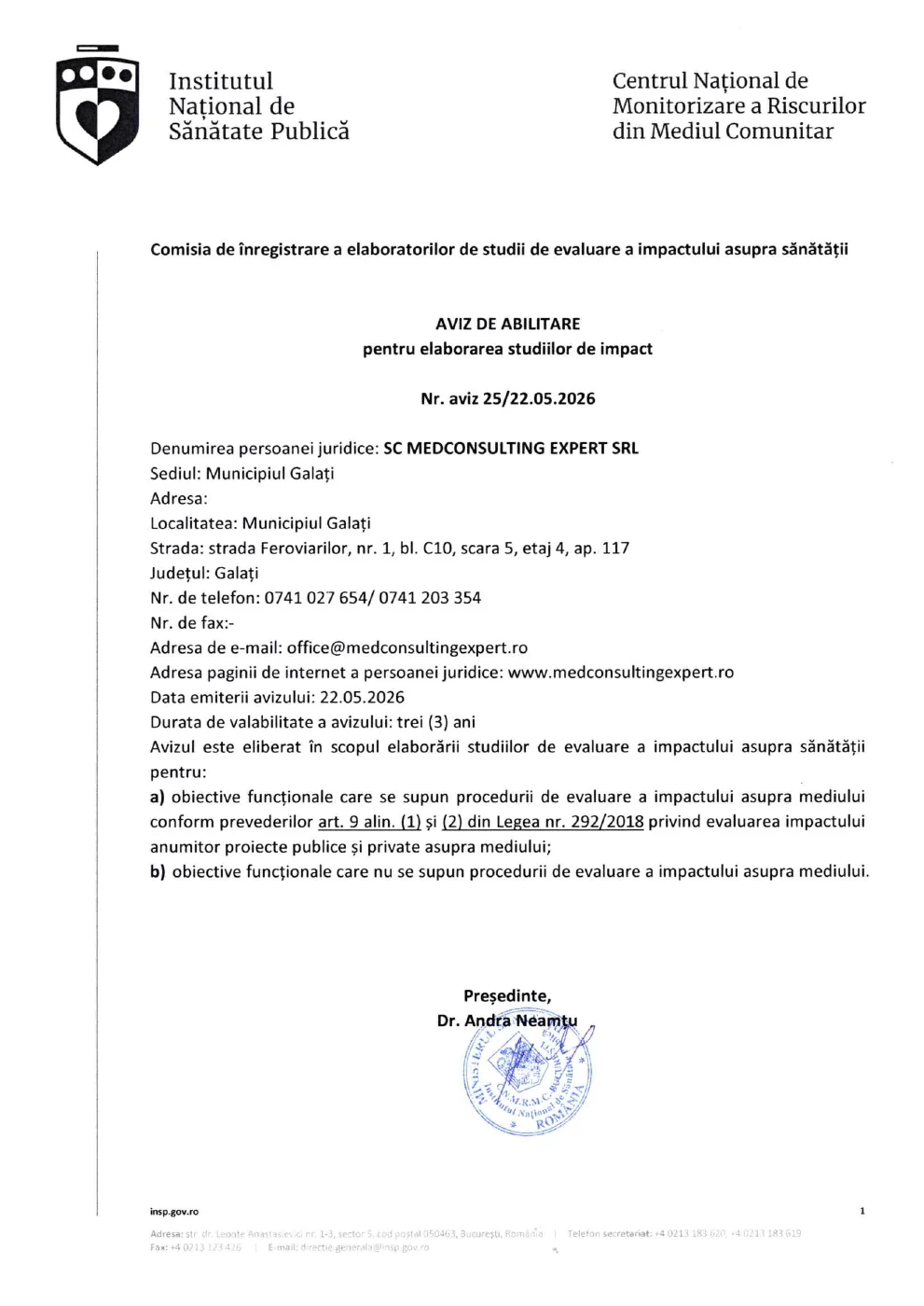 Aviz de abilitare INSP nr. 25 din 22 mai 2026 pentru MEDCONSULTING EXPERT S.R.L.